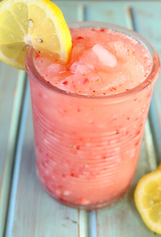 Strawberry Lemonade Moscato Slushie Recipe for summer parties! From MissintheKitchen.com