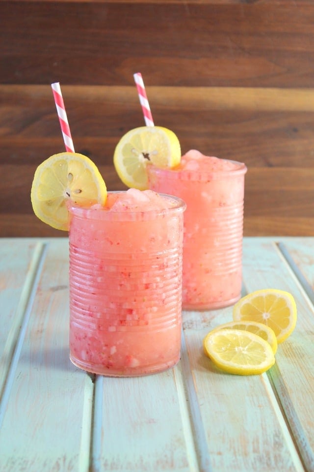 Strawberry Lemonade Moscato Slushie Cocktail Recipe from MissintheKitchen 