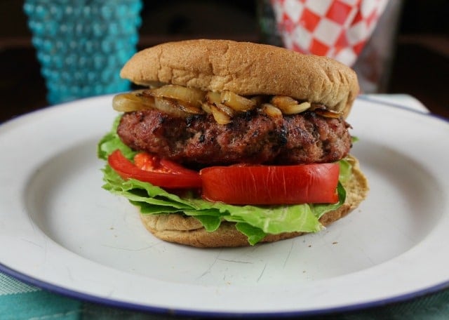 Grilled Burgers with Caramelized Onions ~ TCHS Cookbook ~ MissintheKitchen.com