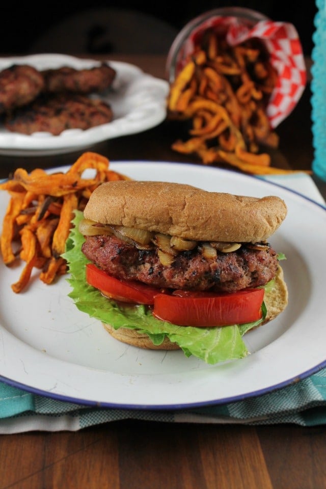 Grilled Burgers + Caramelized Onions for a heathy dinner from the TCHS Cookbook | MissintheKitchen.com