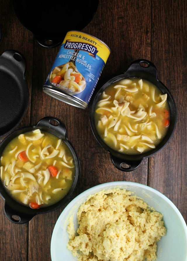Cheesy Cornbread Chicken Noodle Pot Pie with Progresso Soup ~ MissintheKitchen.com #ad