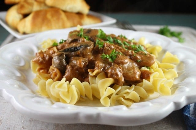 Easy Ground Beef Stroganoff from Good Fast Ea.comts ~ MissintheKtichen