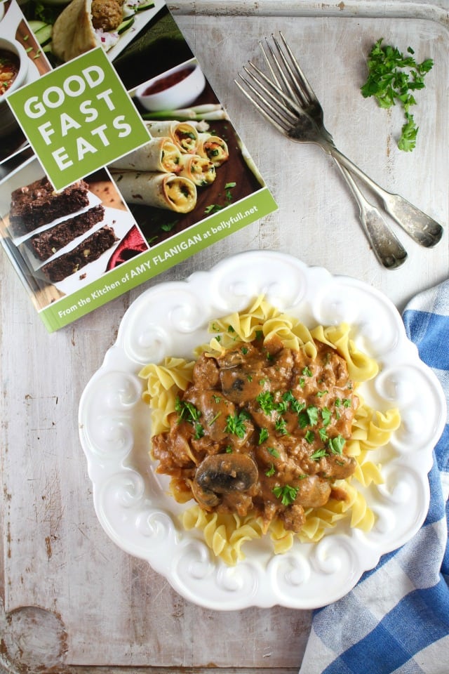 Easy Ground Beef Stroganoff from Good Fast Eats by Amy Flanigan ~ Recipe and Review at MissintheKitchen.com