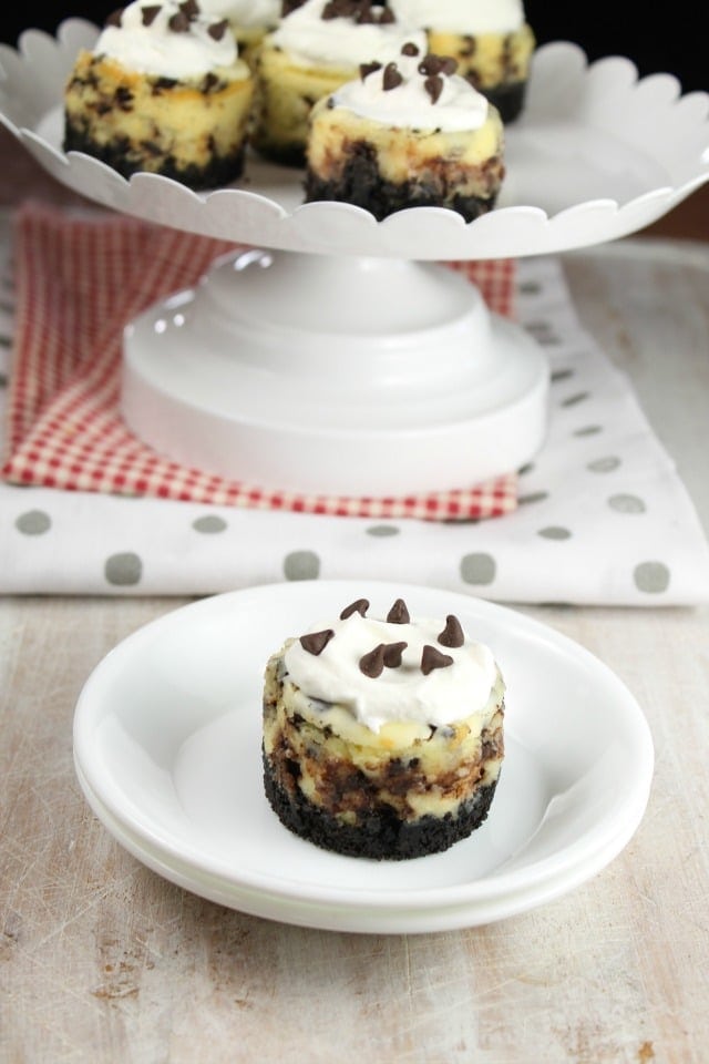 Mini Chocolate Chip Cheesecakes Recipe for parties and holiday gatherings. From MissintheKitchen.com