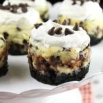 Mini Chocolate Chip Cheesecakes Recipe for the perfect bite- sized dessert! From MissintheKitchen.com
