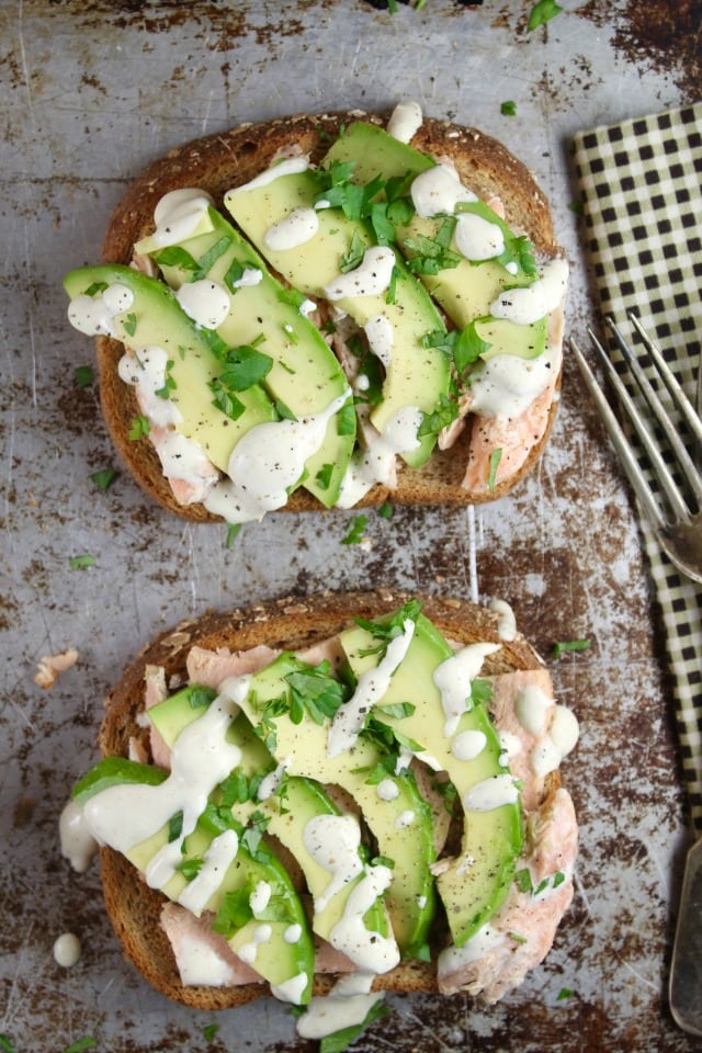 Salmon and Avocado Toast with Horseradish Sauce Recipe with Pepperidge Farm Harvest Blend Bread from MissintheKitchen.com #ad