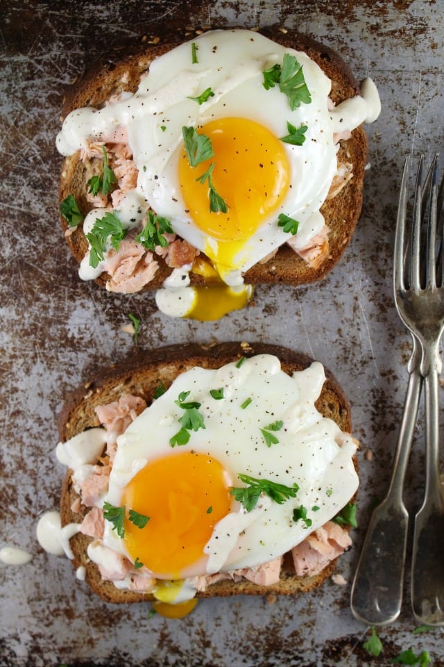 Salmon and Sunny-Side-Up Egg Toast Recipe from MissintheKitchen With Pepperidge Farm Harvest Blends #ad 
