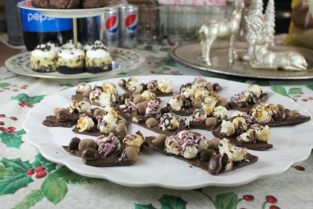 Chocolate Bark with Nut Harvest Chocolate Covered Toffee Almonds and Nut Harvest Milk Chocolate Covered Peanuts plus some Smartfood Popcorn- Raspberry & Dark Chocolate ~ Frito Lay White Elephant Exchange Party ~ MissintheKitchen.com #ad
