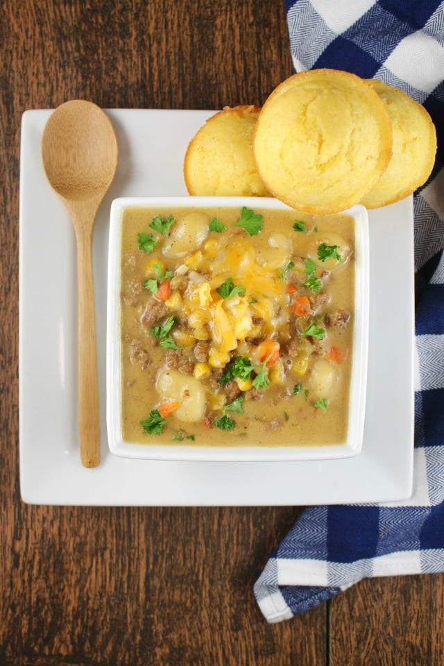 Cheeseburger Gnocchi Soup is a family favorite dinner for any night of the week. Recipe from MissintheKitchen.com