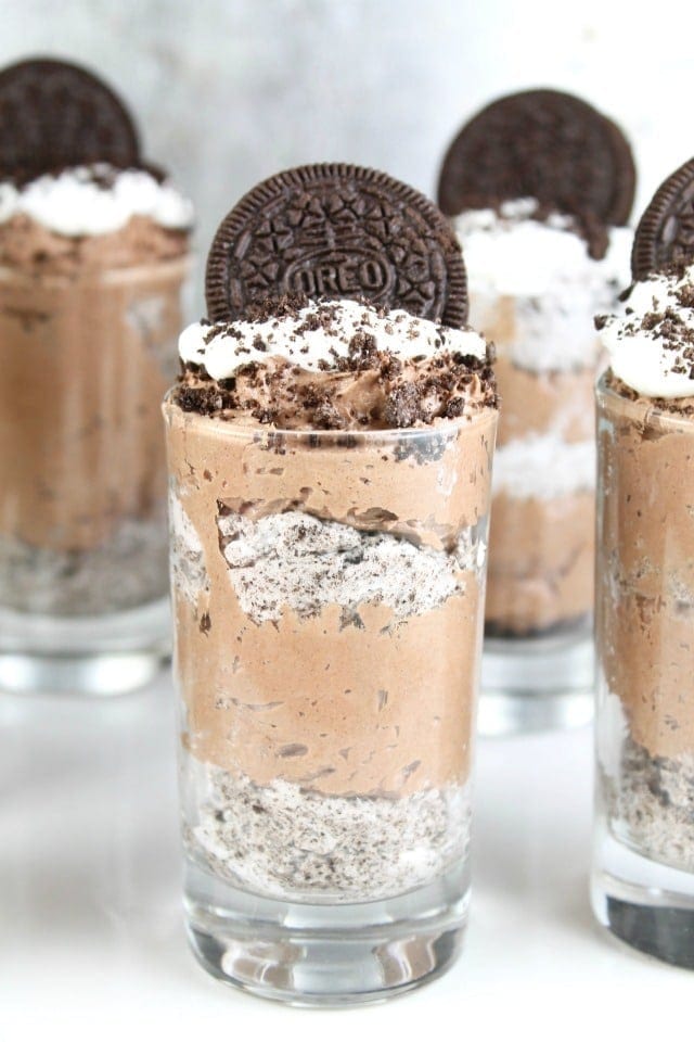 No Bake Chocolate Cheesecake layered with cookies and cream filling in individual servings for a decadent and delicious dessert for any night of the week | MissintheKitchen.com