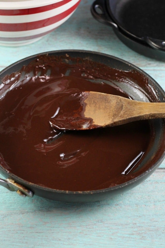 Melted Chocolate for Caramel Pecan Brownie Sundae ~ MissintheKitchen.com