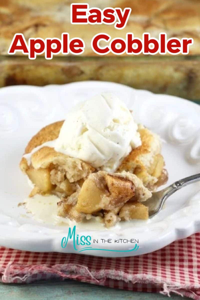 Plate of apple cobbler with vanilla ice cream. Text overlay.
