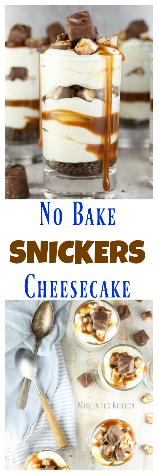 No Bake Snickers Cheesecake is one of the easiest desserts to make. Perfect for any night of the week or great for entertaining. Get the recipe at MissintheKitchen.com