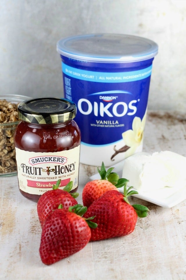 Ingredients for No Bake Strawberry Cheesecake Breakfast Parfaits from MissintheKitchen.com #ad