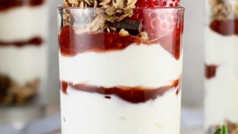 No Bake Strawberry Cheesecake Breakfast Parfaits are the ultimate way to start your day! Recipe found at MissintheKitchen.com #sponsored