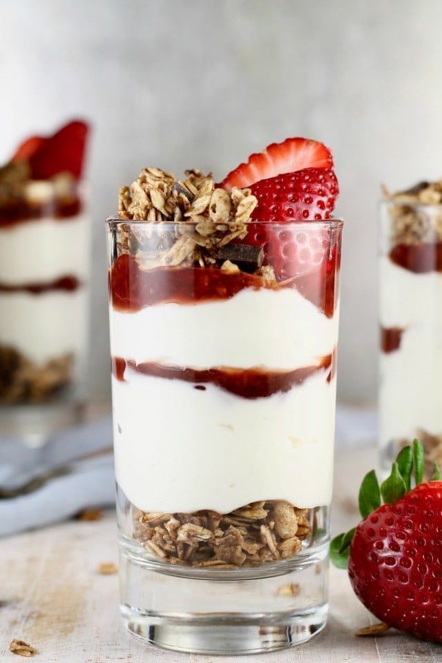 No Bake Strawberry Cheesecake Breakfast Parfaits are the ultimate way to start your day! Recipe found at MissintheKitchen.com #sponsored