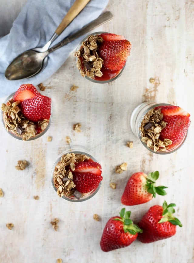 Recipe for No Bake Strawberry Cheesecake Breakfast Parfaits from MissintheKitchen.com #ad