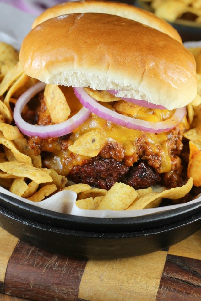 Barbecue Frito Chili Pie Burger Recipe found at MissintheKitchen.com #BurgerMonth