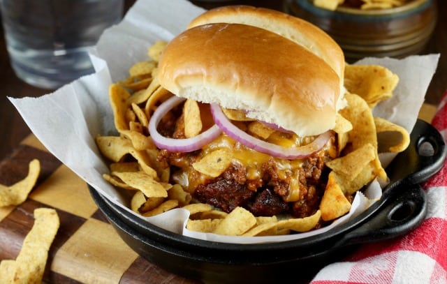 Barbecue Frito Chili Pie Burger Recipe ~ #BurgerMonth ~ MissintheKitchen.com