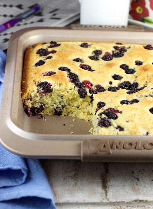 Blackberry Cornbread Recipe ~ A twist on classic cornbread that is perfect with your morning coffee. From MissintheKitchen.com