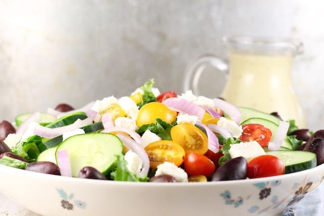 Greek Salad + Roasted Garlic Salad Dressing ~ MissintheKitchen.com