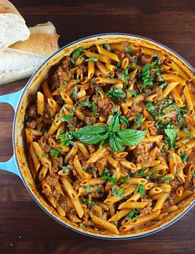 One Pot Sausage Penne Pasta Recipe from MissintheKitchen.com ~ Made with Barilla Pasta and Sauce #AD