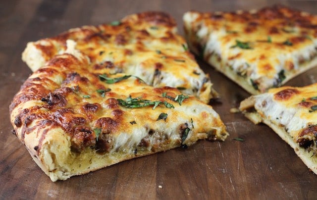 Sausage Mushroom Pesto Pizza Recipe } MissintheKitchen.com