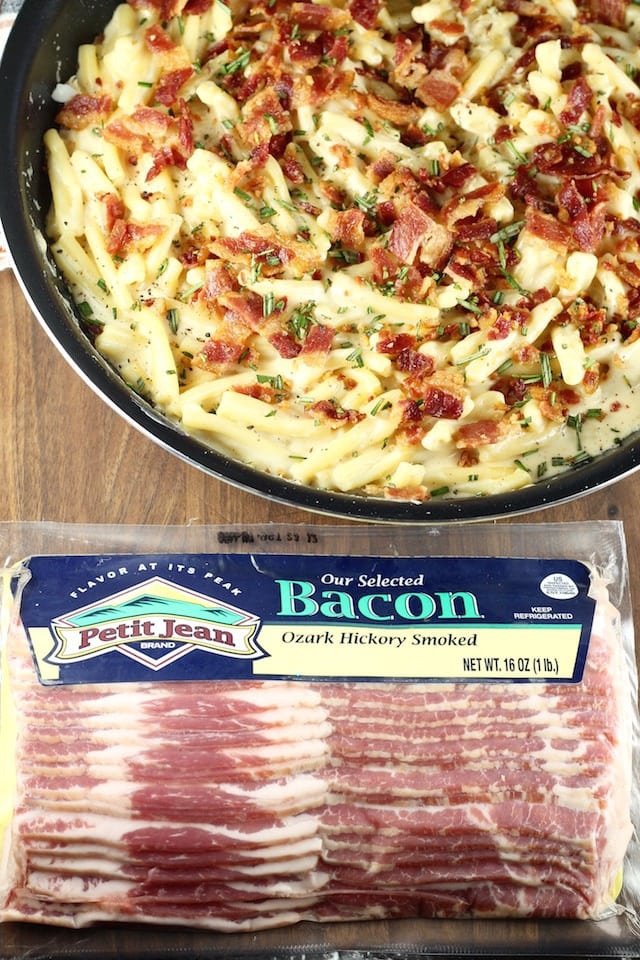 Petit Jean Meats Hickory Smoked Bacon ~ Bacon White Cheddar Pasta Recipe from MissintheKitchen.com