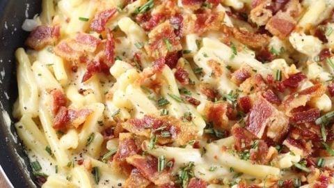 Bacon White Cheddar Pasta Recipe is a delicious dish for any night of the week. From MissintheKitchen.com