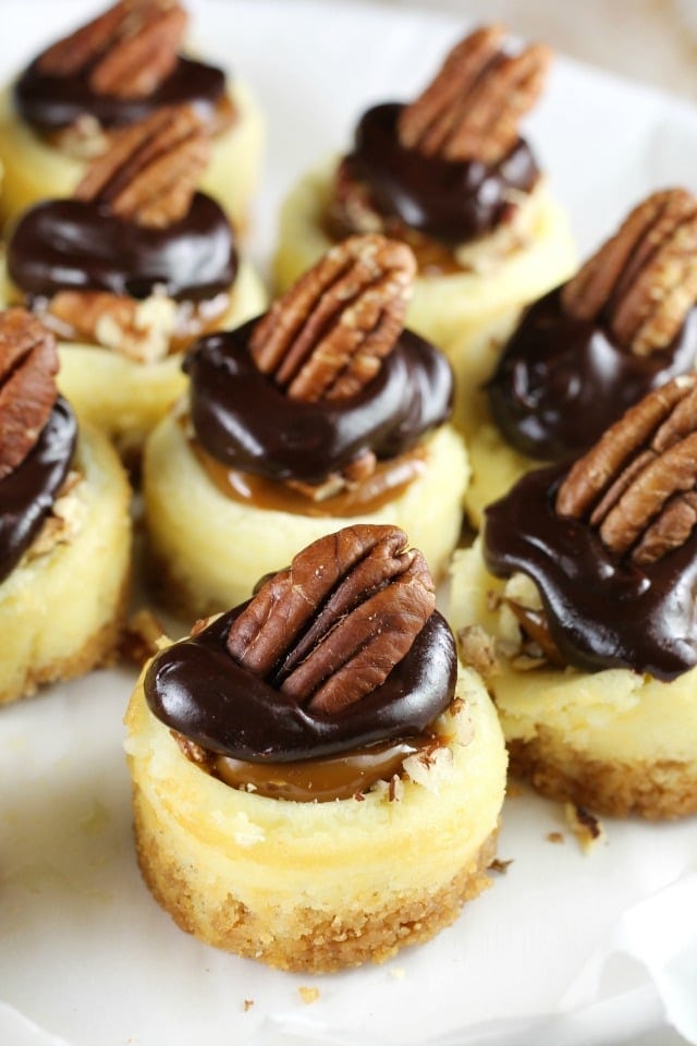 Mini Turtle Cheesecakes Recipe is perfect for the holidays! From MissintheKitchen.com