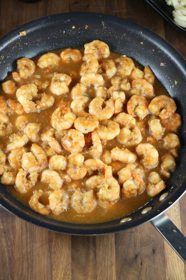 Skillet of Miso Honey Garlic Shrimp ~ MissintheKitchen.com