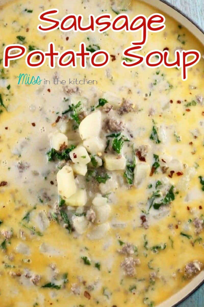 Pan of sausage potato soup.
