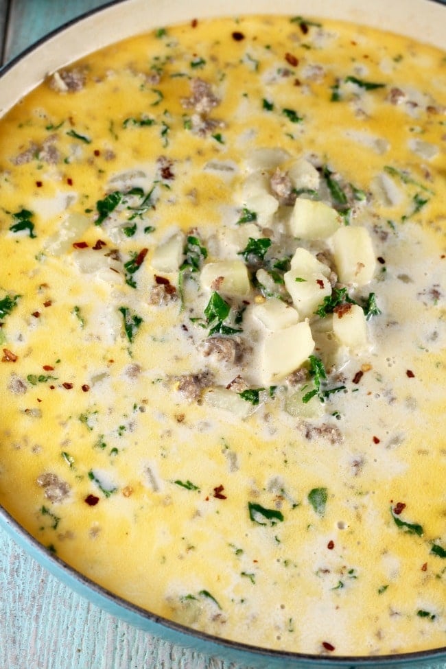 Tuscan Sausage Potato Soup Recipe ~ MissintheKitchen.com #recipe #soup