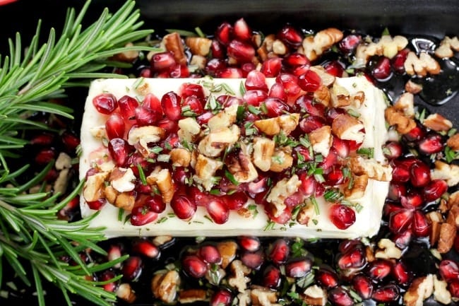 Pomegranate Pecan Party Appetizer Recipe ~ simple 5 ingredients and 5 minutes of prep for an impressive holiday appetizer! MissintheKitchen.com #holiday #appetizer #pomegranate #pecan #creamcheese #honey