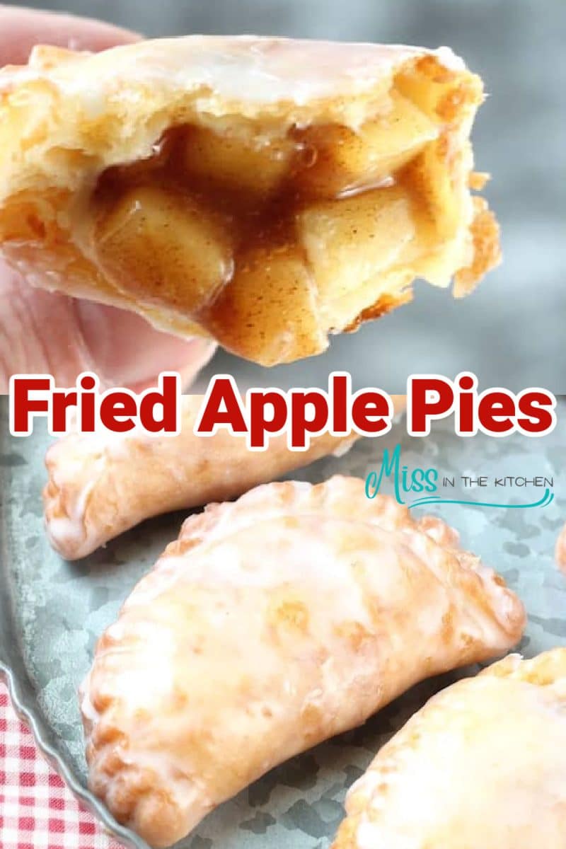 Fried apple pies collage, one with filling showing/on a platter. Text overlay.