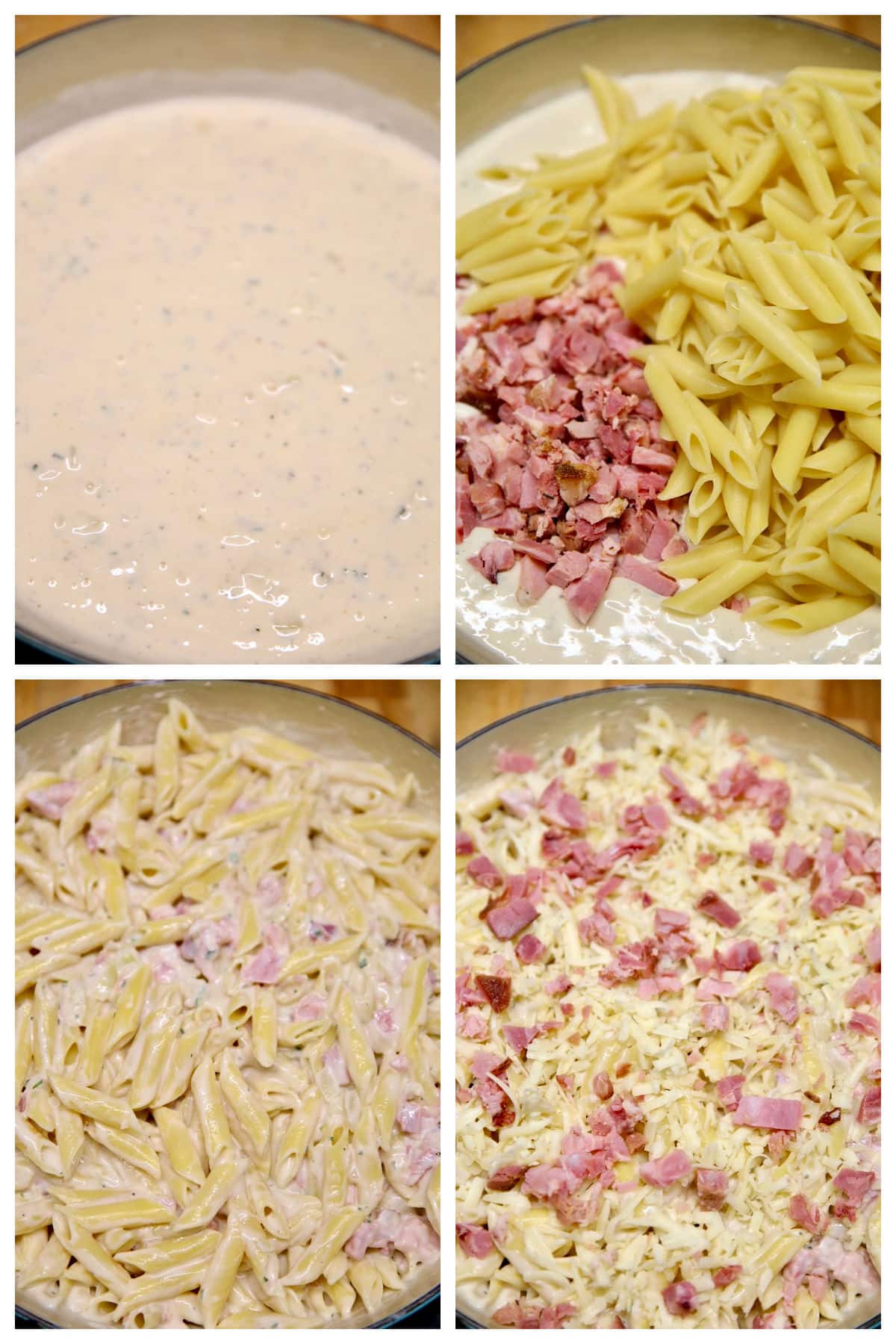 Collage mixing cream sauce with pasta and ham.