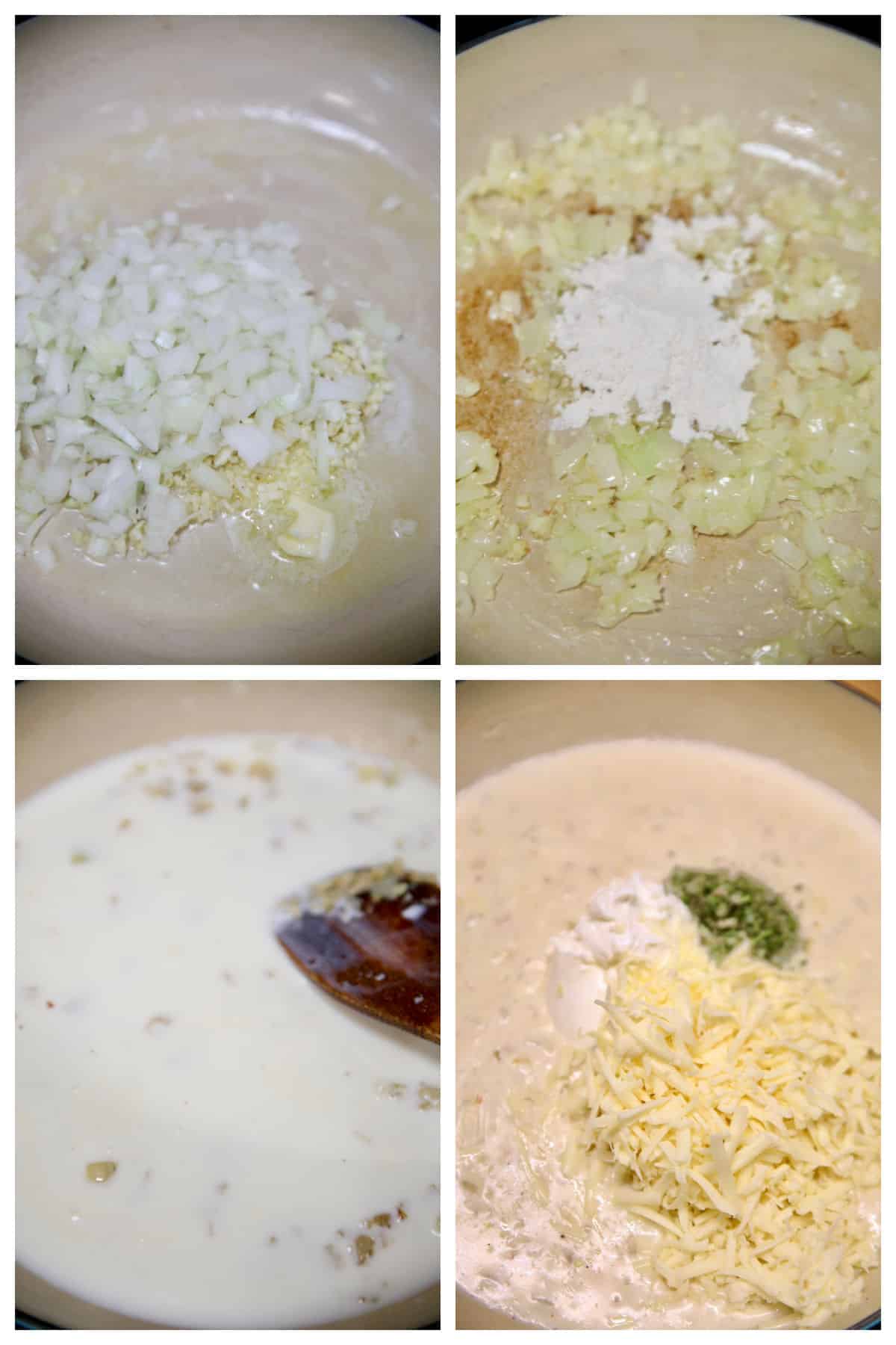 Collage making pasta cream sauce with onions and garlic.