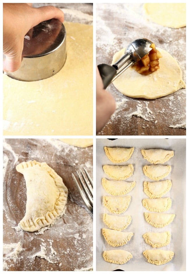 Collage of photos cutting pie dough into circles, filling with apple pie filling, folded over dough to create half moon shape, pies ready for frying