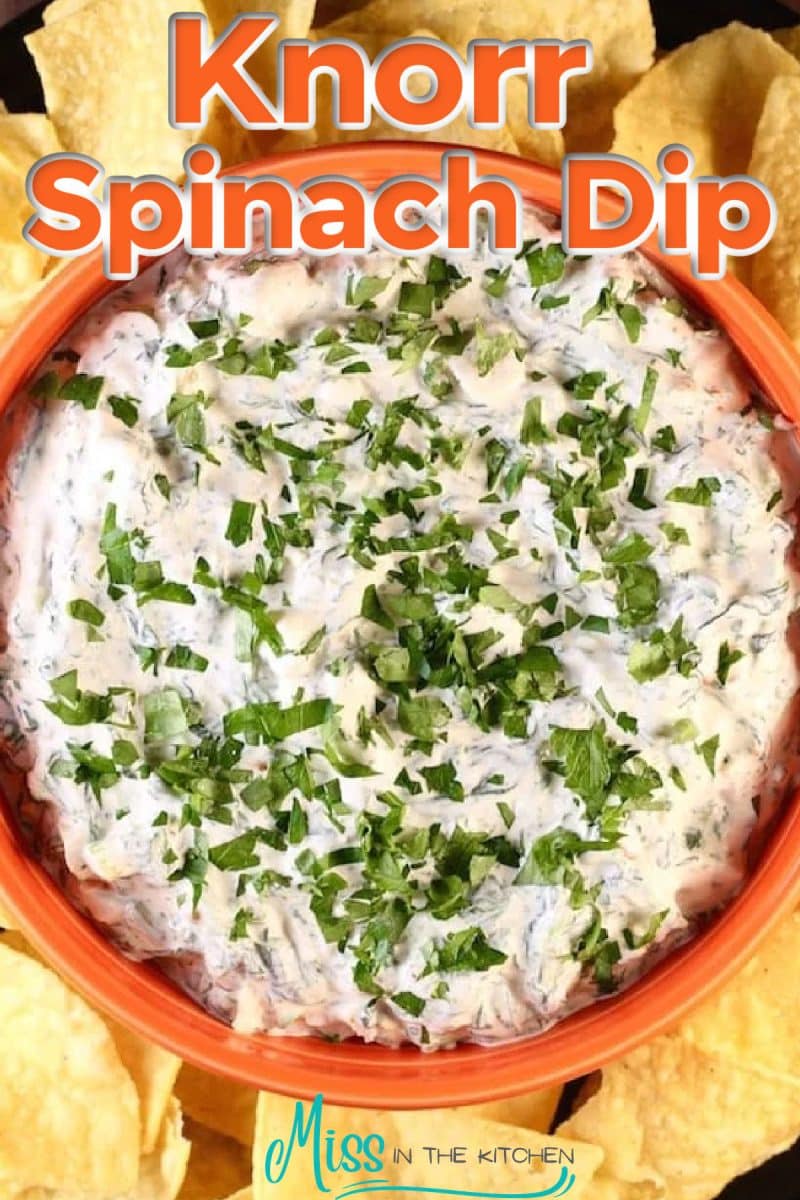 Bowl of spinach dip with text overlay.