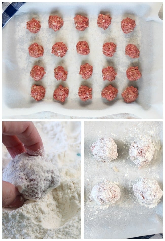 Uncooked meatballs on a cookie sheet, rolling a meatball in flour, floured meatballs on parchment paper