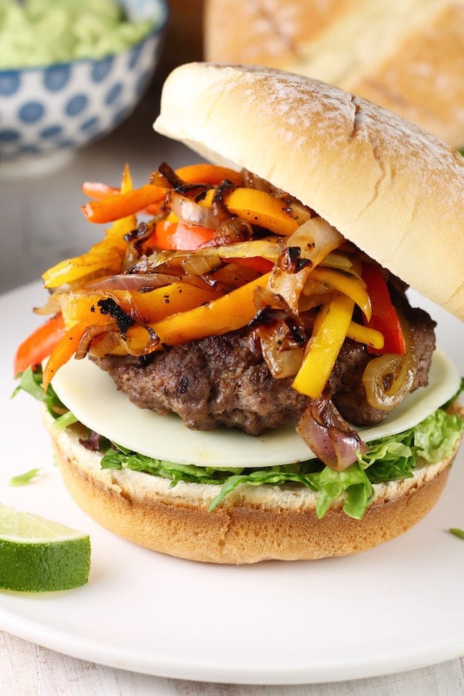 Fajita Burger piled high with sweet peppers and onions