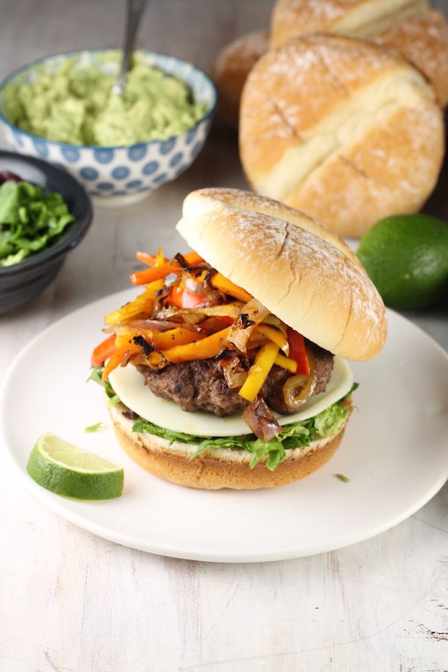 Fajita Burgers with peppers, onions and lime