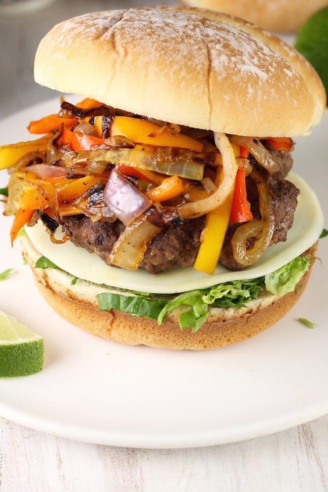 Fajita Burger topped with onions and sweet peppers 