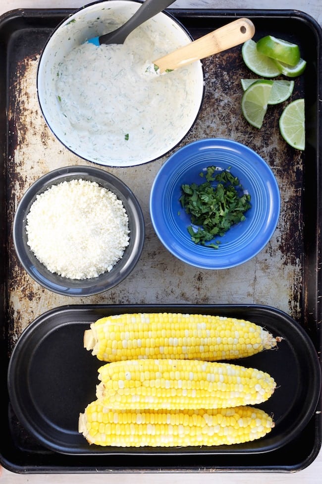 Corn on the Cob, Cotija Cheese, Mayo and Sour Cream mixture, fresh cilantro for Mexican Street Corn