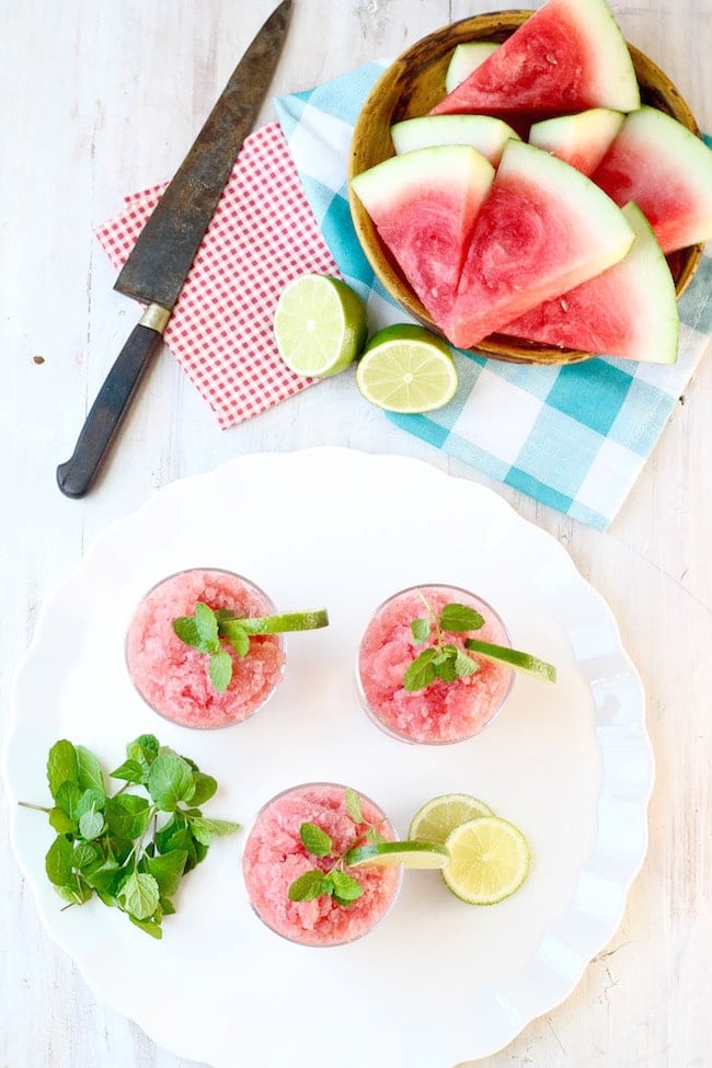 Frozen Watermelon Mojito Slushie with fresh limes and mint
