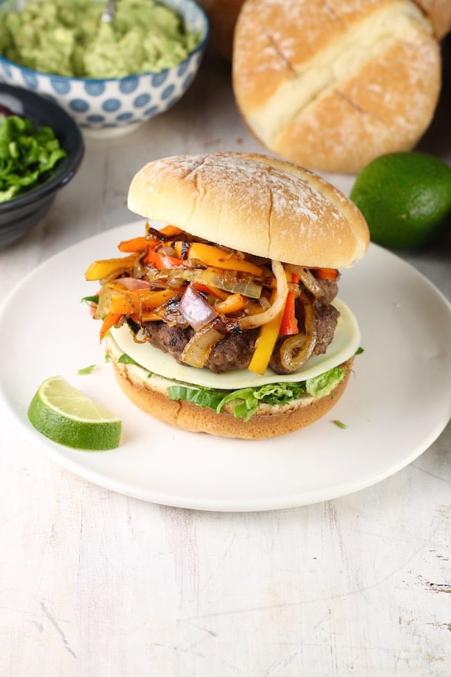 Fajita Burger topped with peppers, onions and lime juice
