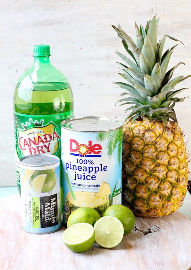 Ingredients for Pineapple Limeade Slush - Ginger Ale, Limeade Concentrate, Pineapple Juice with Fresh Pineapple and limes