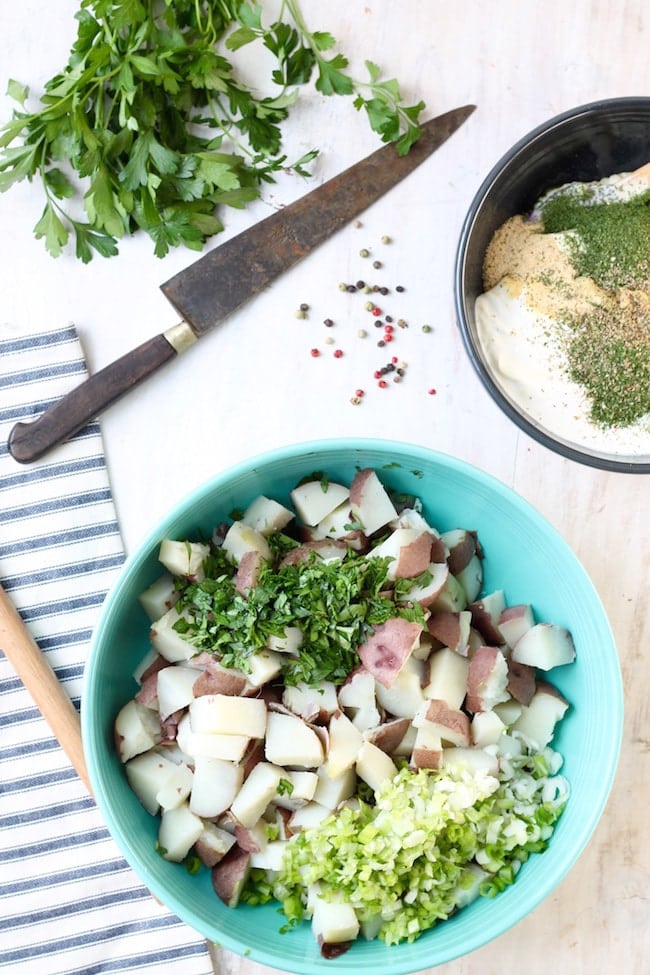 Diced red potatoes and creamy dill dressing for Creamy Dill Potato Salad