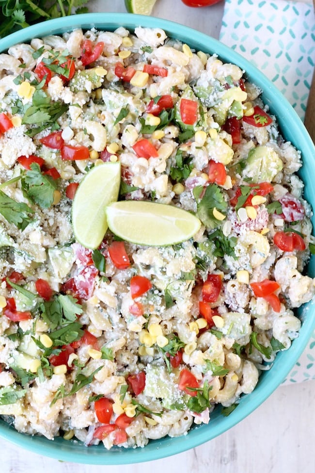 Mexican Street Corn Pasta Salad with avocado and tomatoes