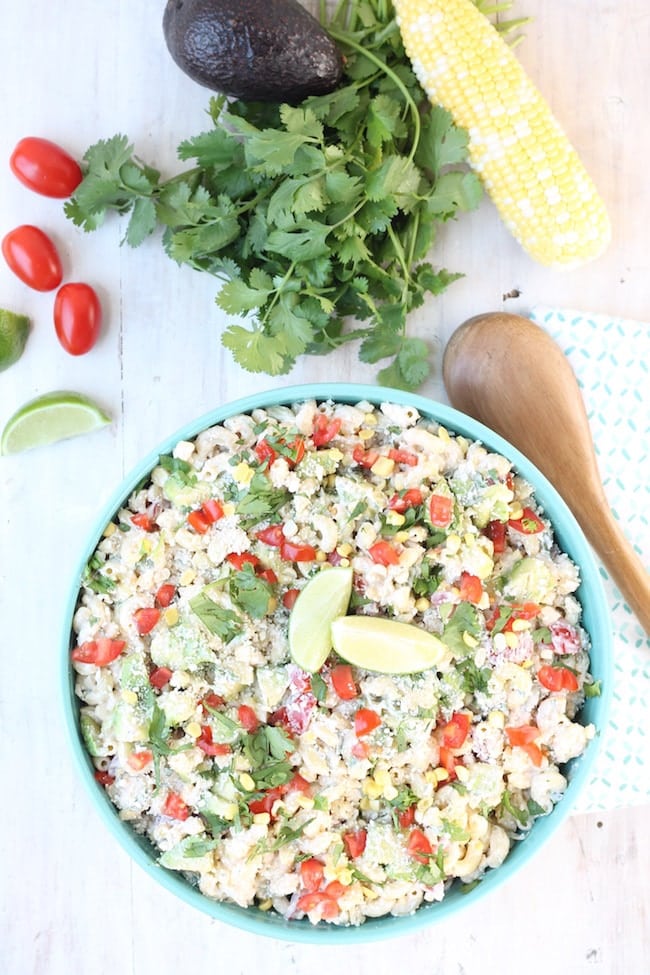 Mexican Street Corn Pasta Salad with Avocado and Tomatoes